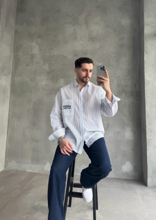 Beyaz Daily Nakışlı Çizgili Oversize Gömlek