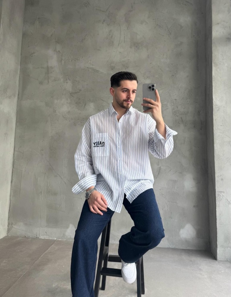 Beyaz Daily Nakışlı Çizgili Oversize Gömlek Beyaz Daily Nakışlı Çizgili Oversize Gömlek