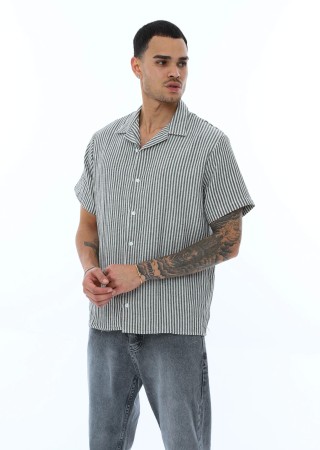 OVERSIZE KALIN ÇİZGİLİ KISA KOLLU GÖMLEK