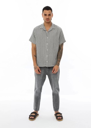 OVERSIZE KALIN ÇİZGİLİ KISA KOLLU GÖMLEK