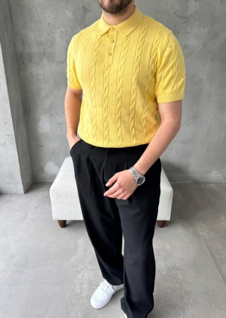 Sarı Örgü Desenli Regular Fit Polo Yaka Triko