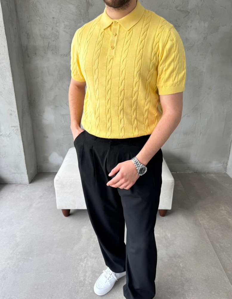 Sarı Örgü Desenli Regular Fit Polo Yaka Triko