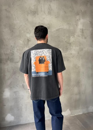 Antrasit Yıkamalı Sırt Baskılı Oversize T-Shirt
