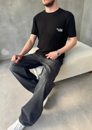 Siyah Los Angeles Nakışlı Triko T-Shirt