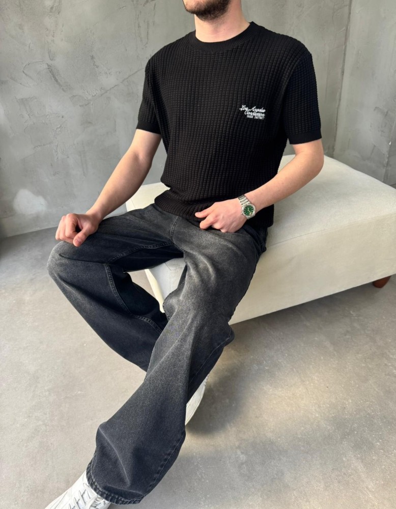Siyah Los Angeles Nakışlı Triko T-Shirt Siyah Los Angeles Nakışlı Triko T-Shirt