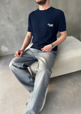 Lacivert Los Angeles Nakışlı Triko T-Shirt