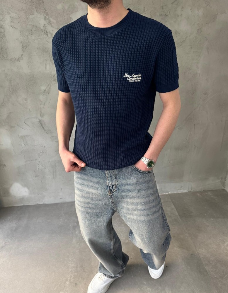 Lacivert Los Angeles Nakışlı Triko T-Shirt