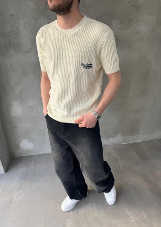 Krem Los Angeles Nakışlı Triko T-Shirt Krem Los Angeles Nakışlı Triko T-Shirt