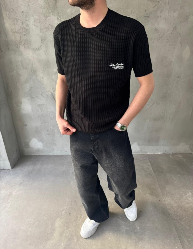 Siyah Los Angeles Nakışlı Triko T-Shirt Siyah Los Angeles Nakışlı Triko T-Shirt