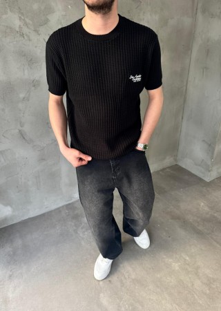 Siyah Los Angeles Nakışlı Triko T-Shirt Siyah Los Angeles Nakışlı Triko T-Shirt