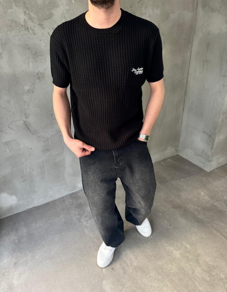 Siyah Los Angeles Nakışlı Triko T-Shirt Siyah Los Angeles Nakışlı Triko T-Shirt