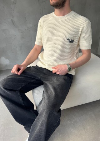 Krem Los Angeles Nakışlı Triko T-Shirt